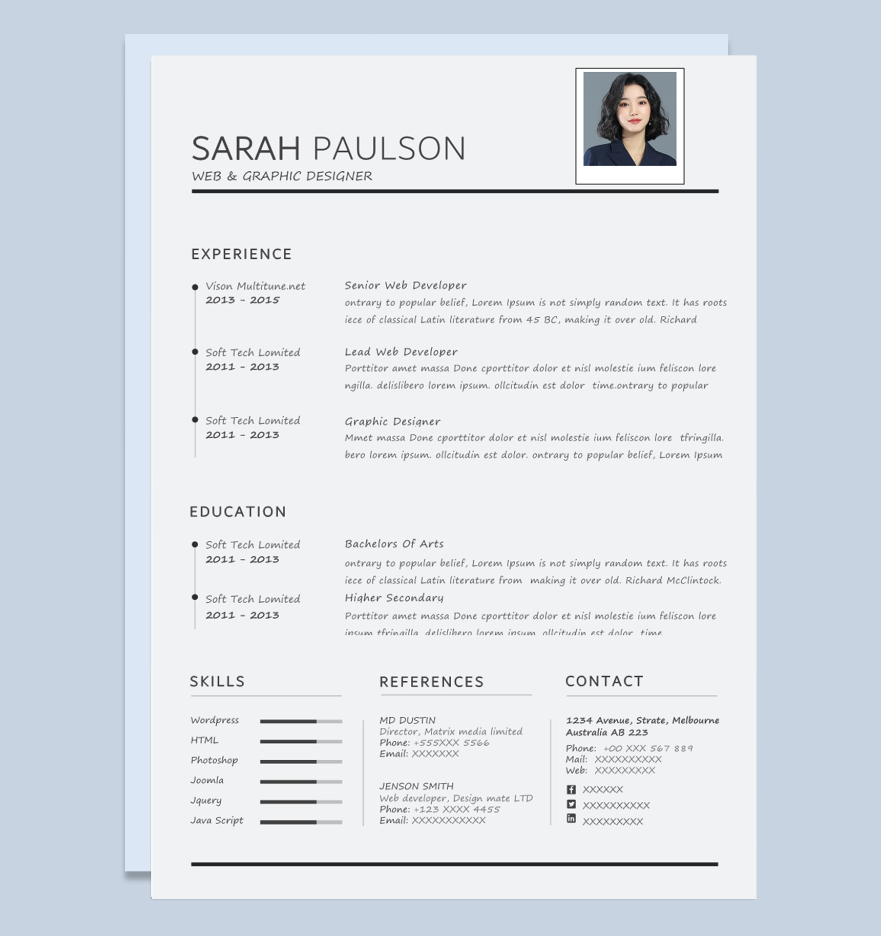 大学生大气通用网页和平面设计师个人英文简历Word模板下载doc