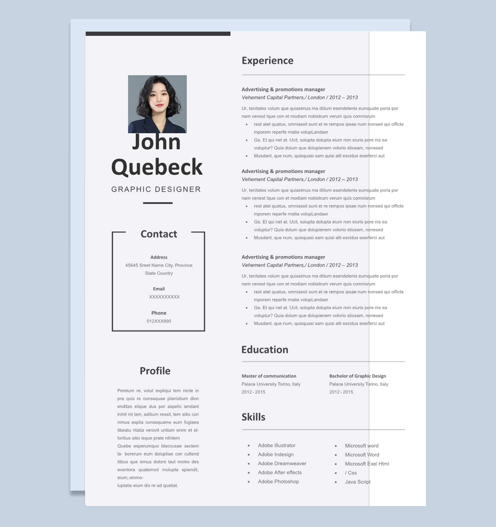 大学生简洁大气平面设计师岗位个人英文简历Word模板下载doc