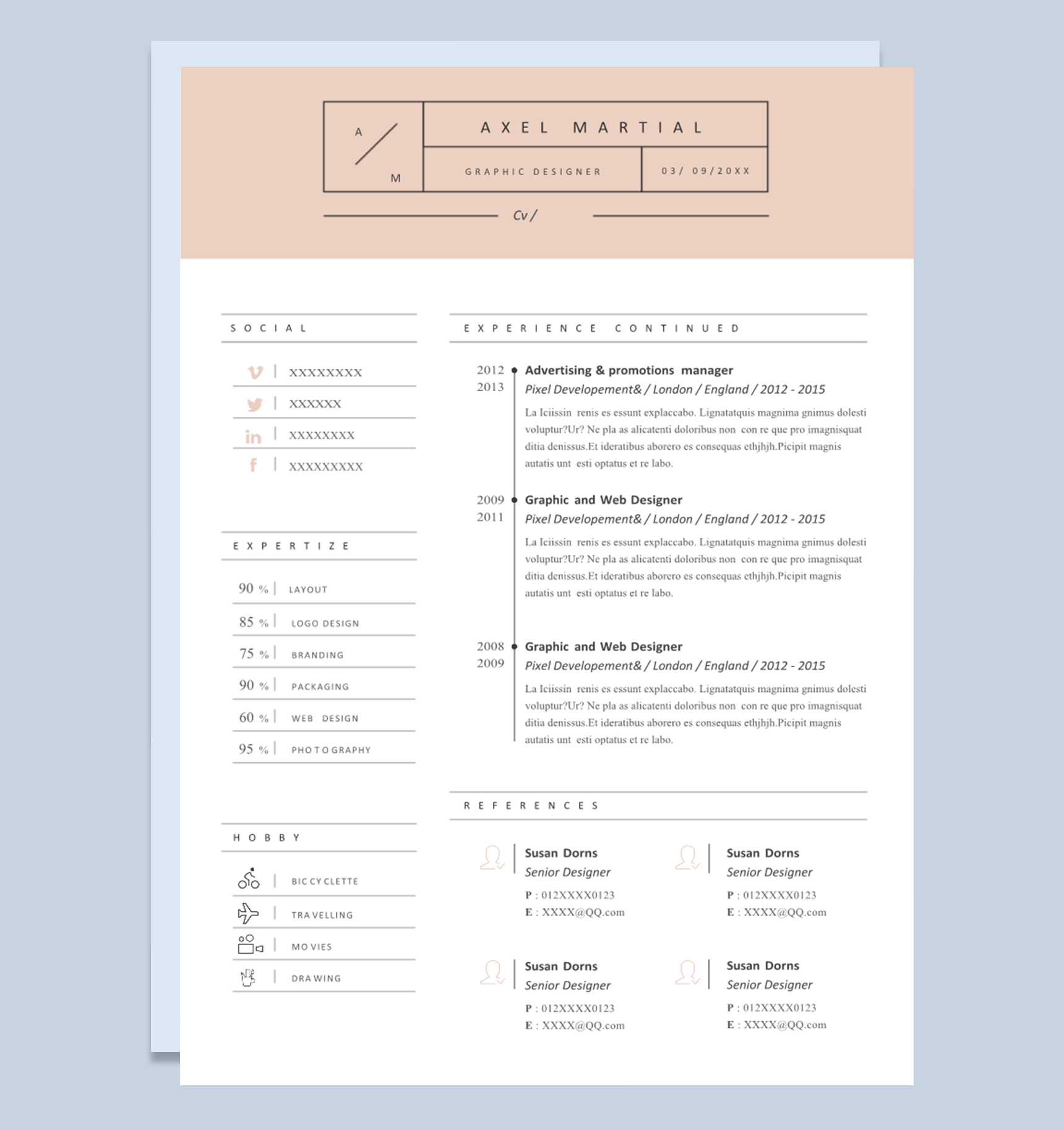 大学生精致淡雅平面设计师个人英文通用简历Word模板下载doc